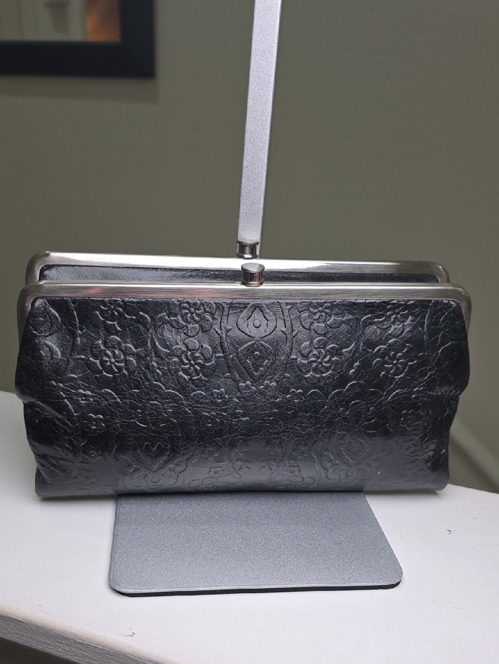 HOBO Black Leather Floral Embossed "Lauren" Double Snap Fold Open Clutch EUC